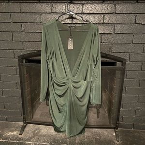 Green silky deep V dress